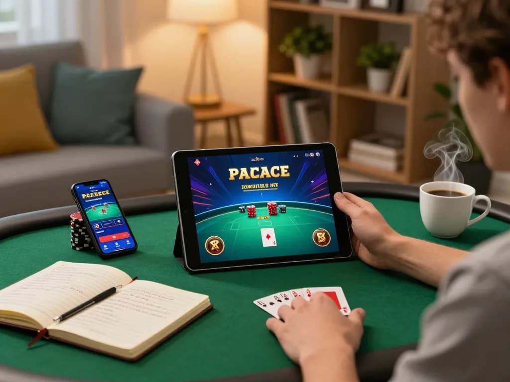Engaged player strategizing top 10 game bài online with tablet and notebook in cozy living room.