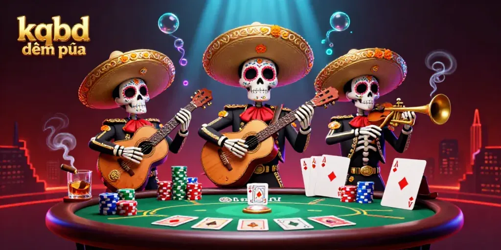 Experience kqbd đêm qua with an energetic mariachi band and colorful poker scene, capturing the thrill of gambling.
