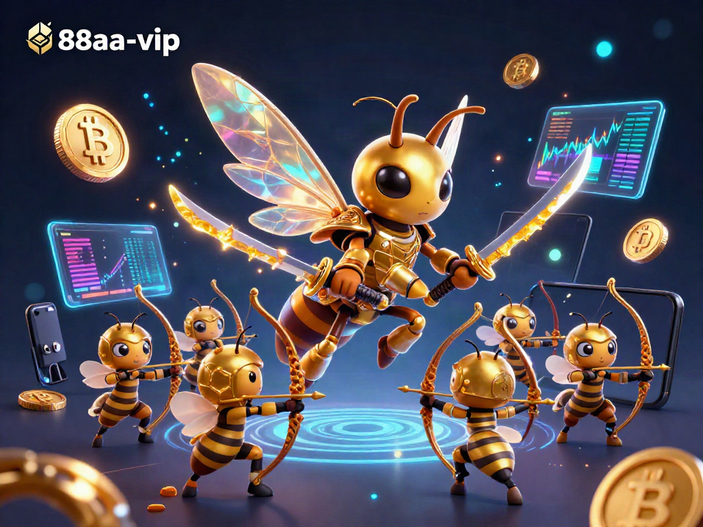 Engage with thrilling 88aa-vip gameplay through a 3D cartoon scene of a golden hornet in samurai armor.
