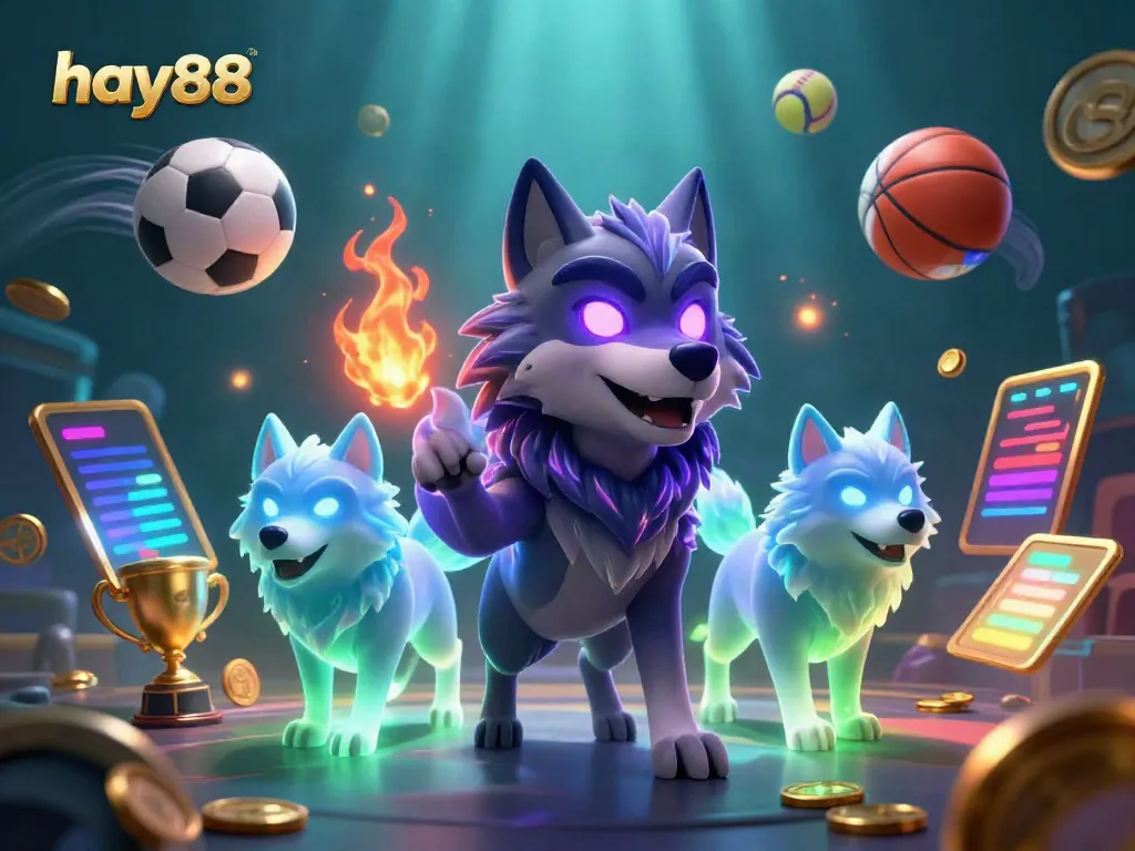 Experience the thrill of betting at hay88 with a vibrant 3D illustration of shadow wolves amidst dynamic sports elements.