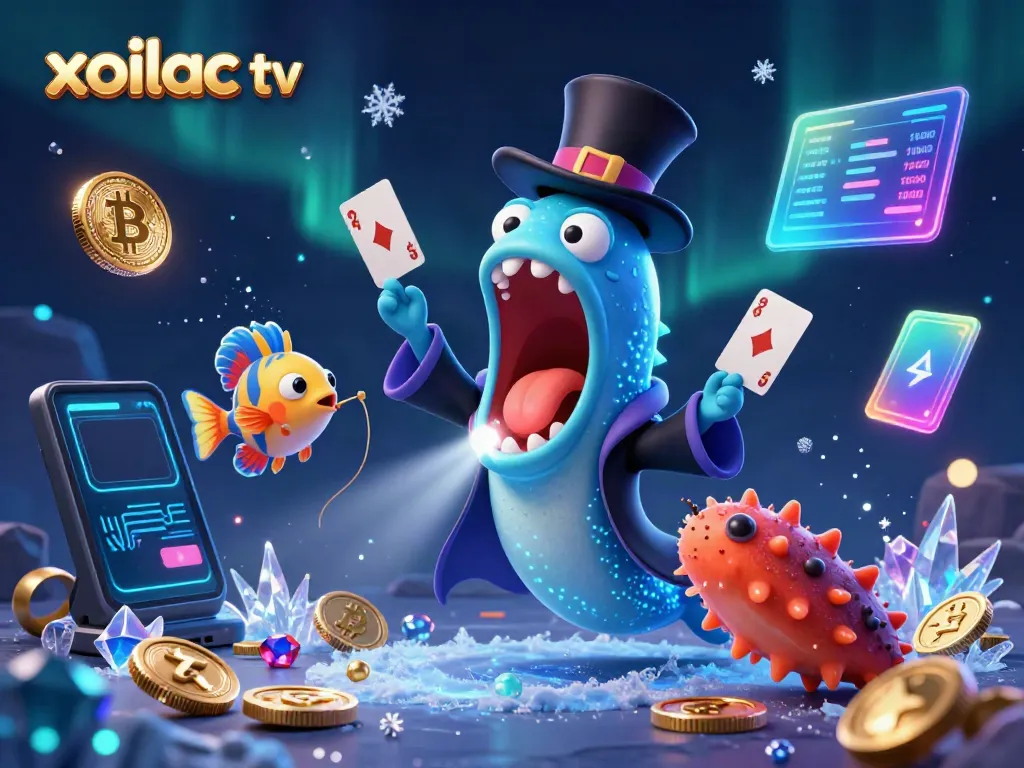 Experience thrilling card tricks with the vibrant characters of xoilac tv in this dynamic gambling illustration.
