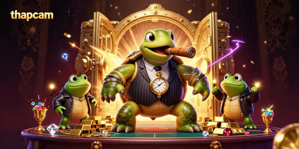 Experience the excitement of thapcam with a dynamic casino scene featuring a mobster turtle and bullfrog enforcers.