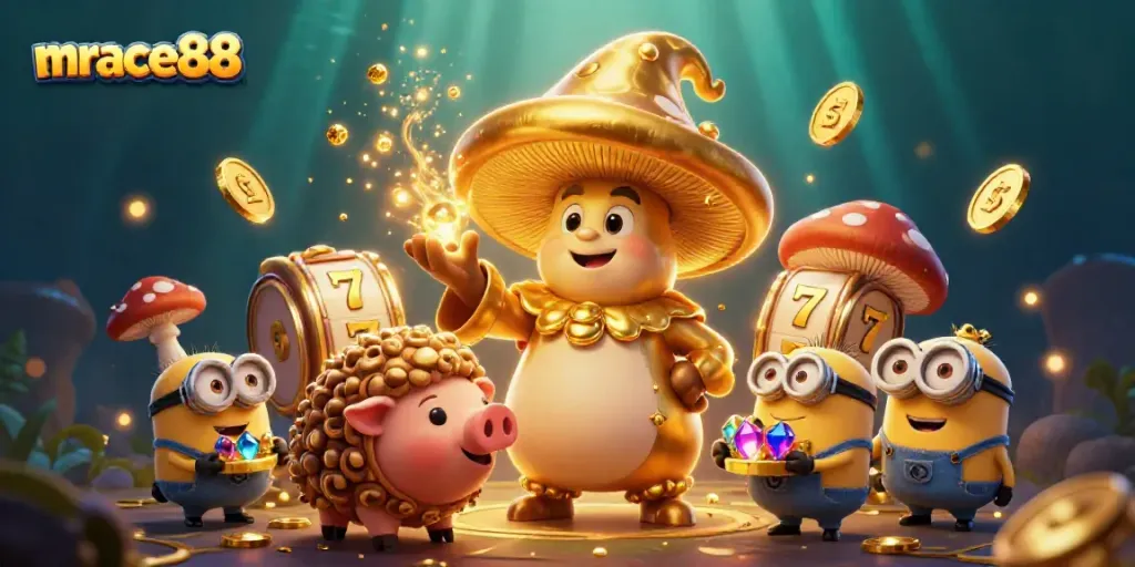 Engage with MRACE88's golden wizard-themed slots and jackpot games amid magical treasure ferns.