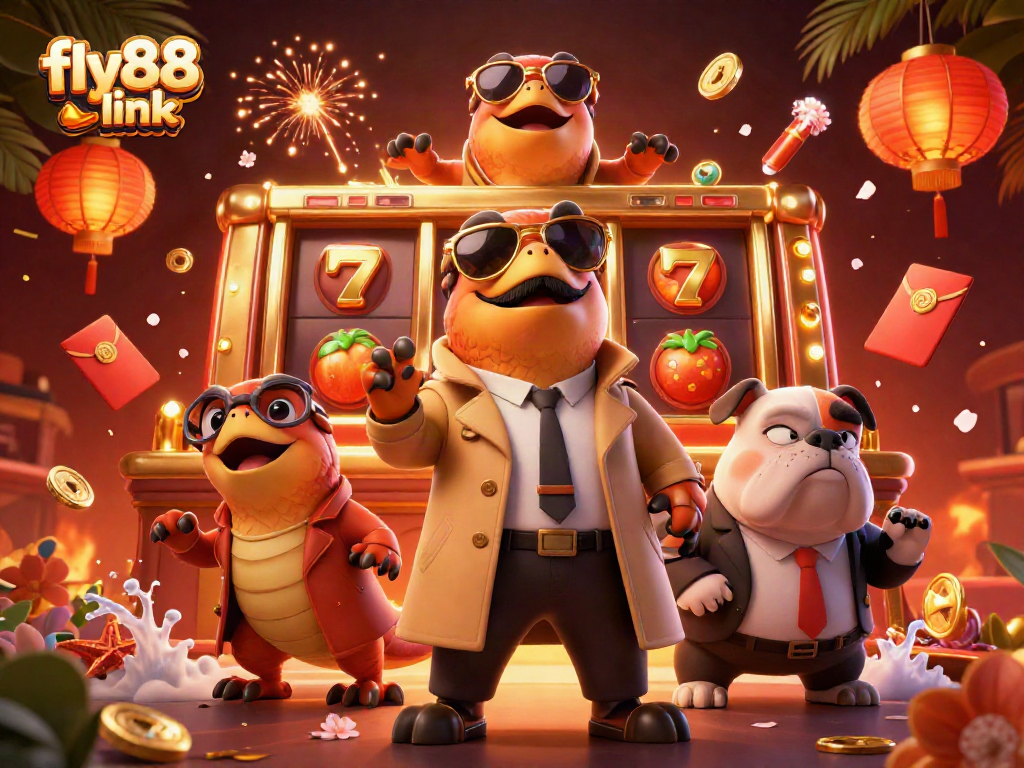Experience excitement with the fly88 link: raptors in a trench coat entering a casino lounge
