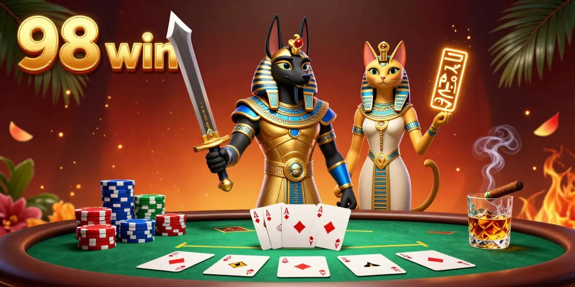 Engage with the thrilling atmosphere of 98 win featuring Anubis and Bastet amidst a vibrant poker scene.