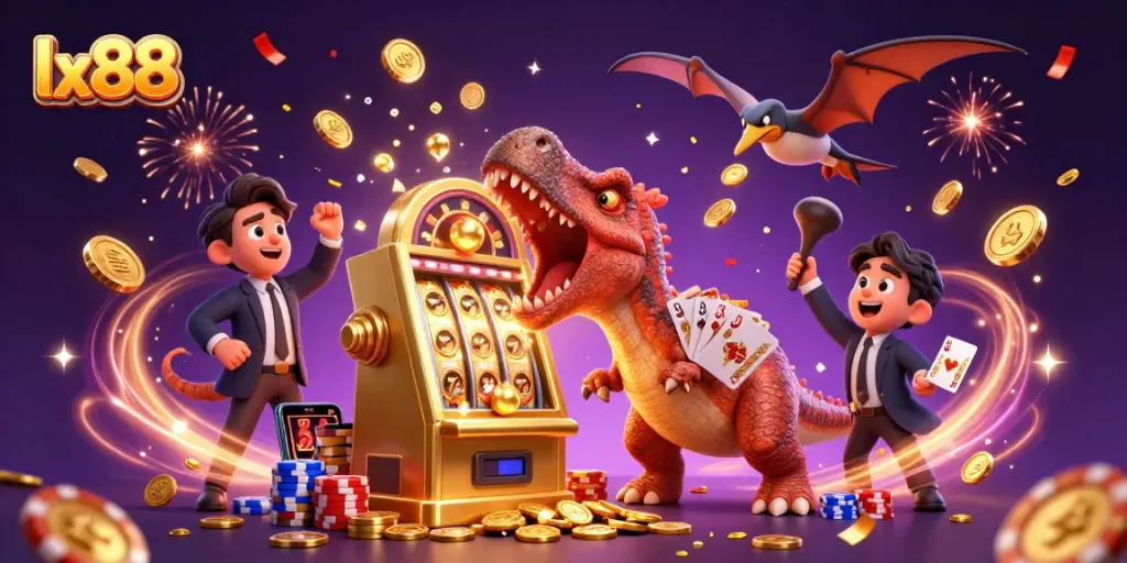 lx88 slots action with a dinosaur hitting a jackpot, vibrant casino scene filled with excitement.