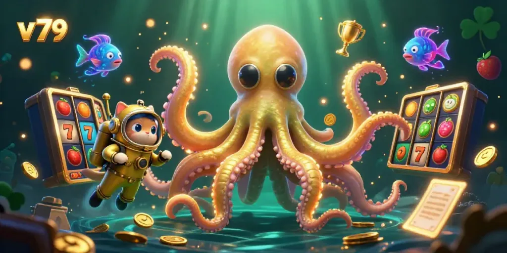 Experience thrilling slots action in vibrant illustration showcasing the kraken and diving cat in a vibrant casino setting for v 79.