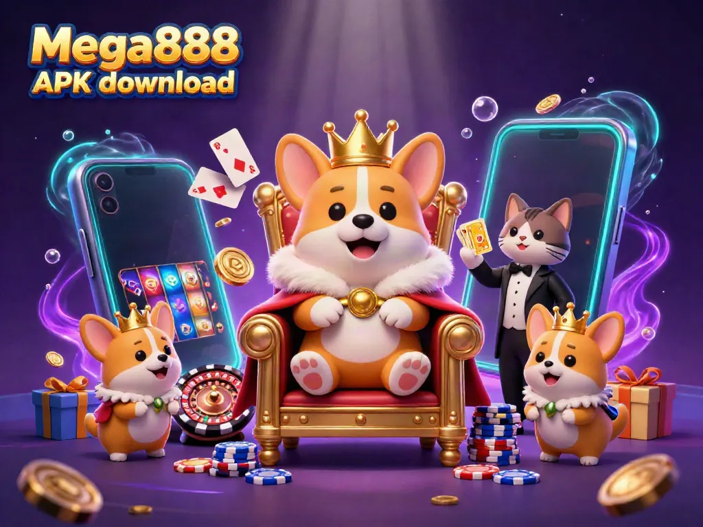 Experience Mega888 APK download with this vibrant illustration featuring a royal corgi and gaming elements.