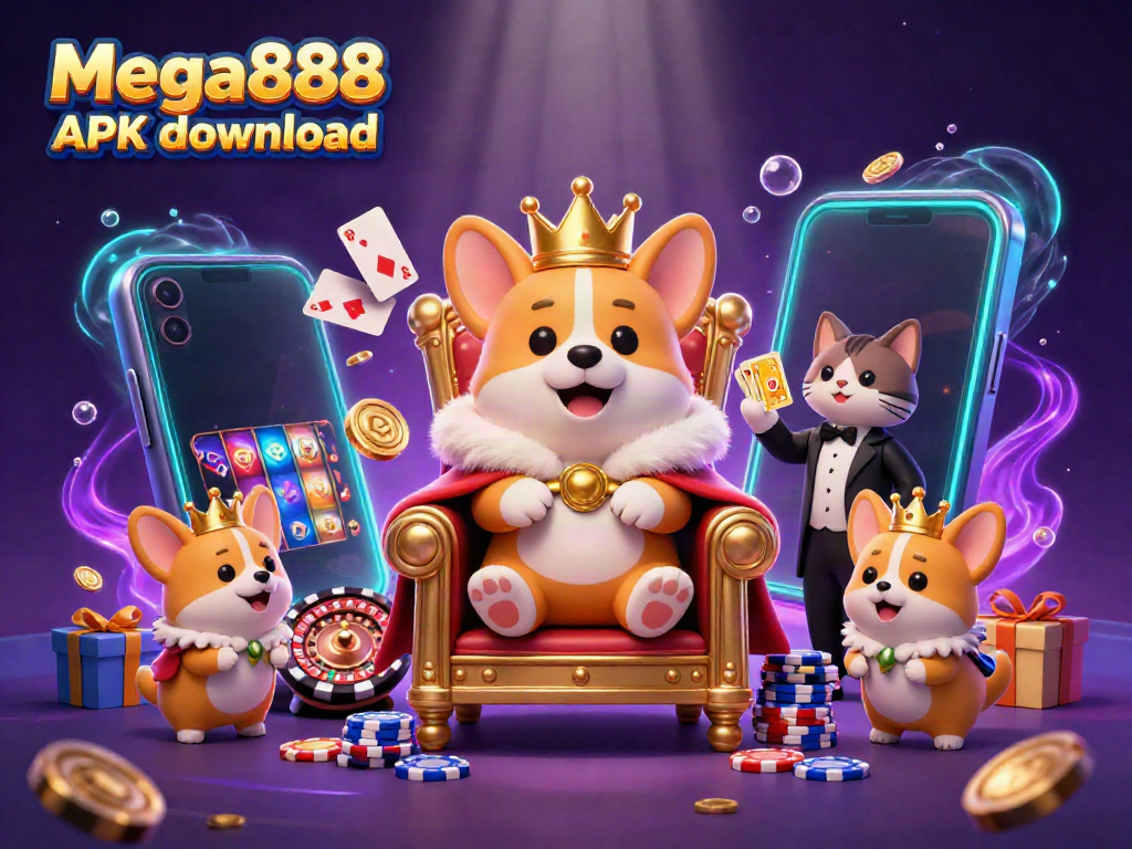 Experience Mega888 APK download with this vibrant illustration featuring a royal corgi and gaming elements.