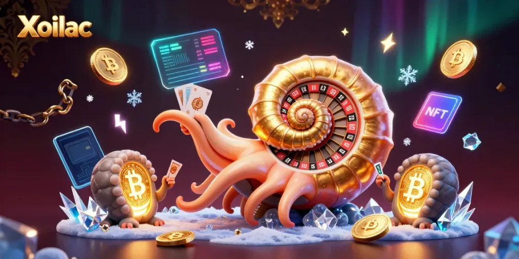 Experience the thrill of Xoilac casino with the giant nautilus and glowing crypto elements.