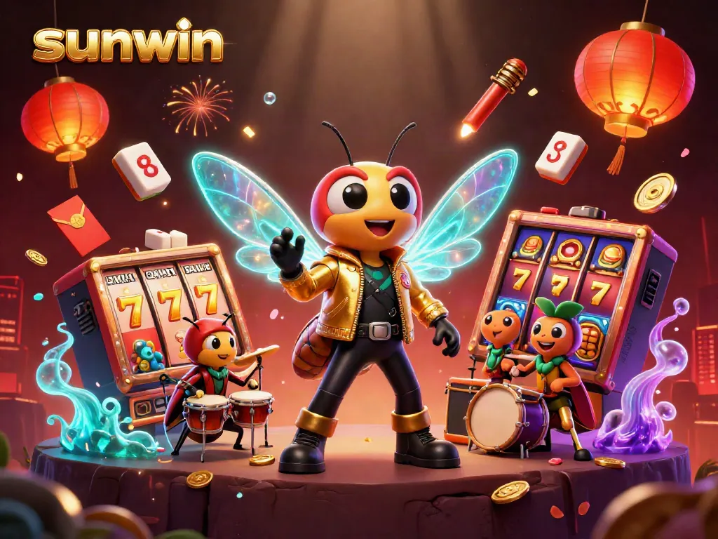Engage with sunwin's vibrant gaming world, featuring a cicada rock star in a bustling scene of slot games.