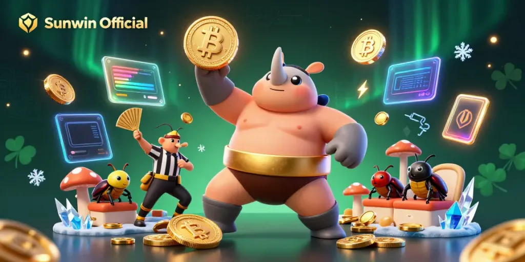 Experience winning moments with Sunwin Official's lively casino scene featuring colorful coins and dynamic characters.