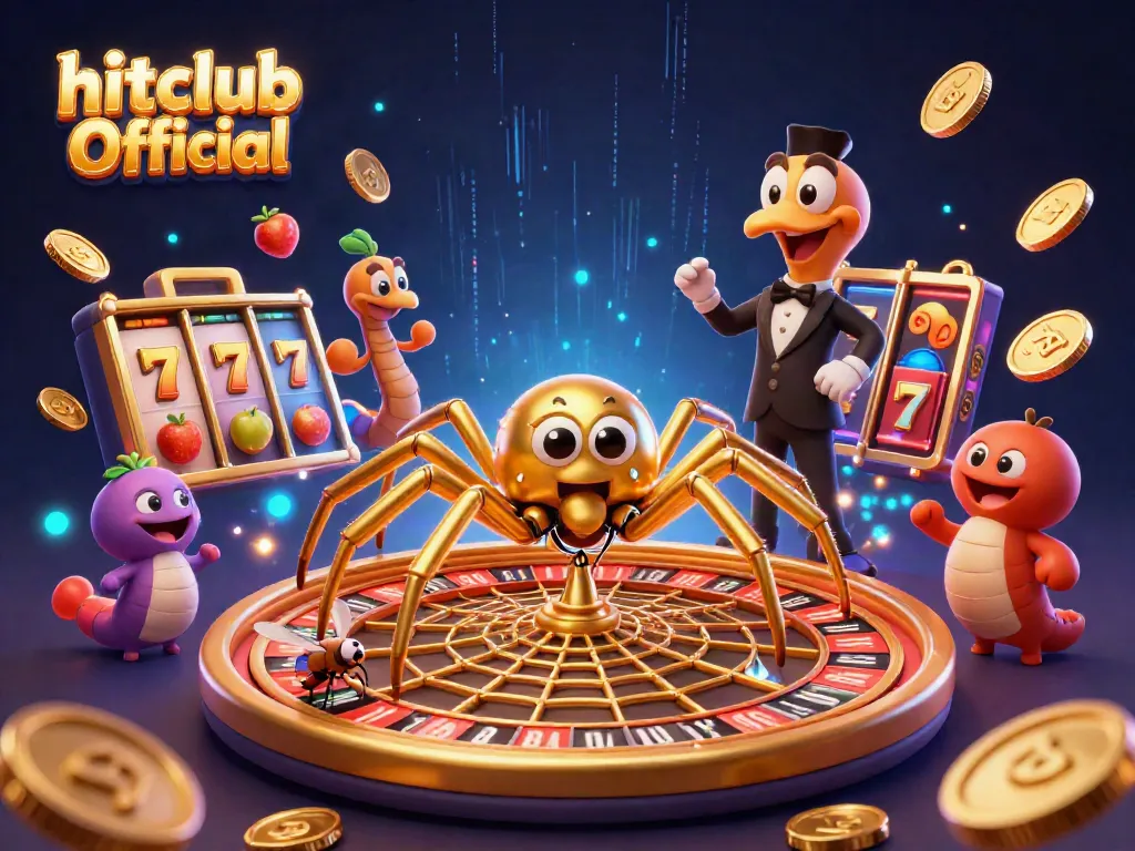 Hitclub Official showcases an exciting casino scene with a spider spinning a roulette wheel web.