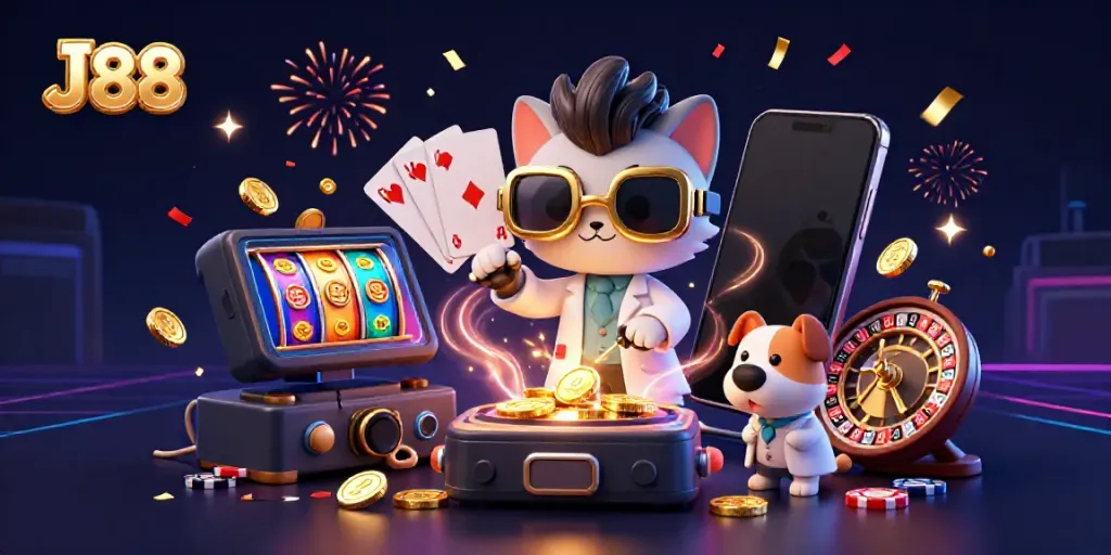 Engage with J 88’s exciting casino atmosphere featuring a mad scientist cat and a dog assistant among vibrant game elements.