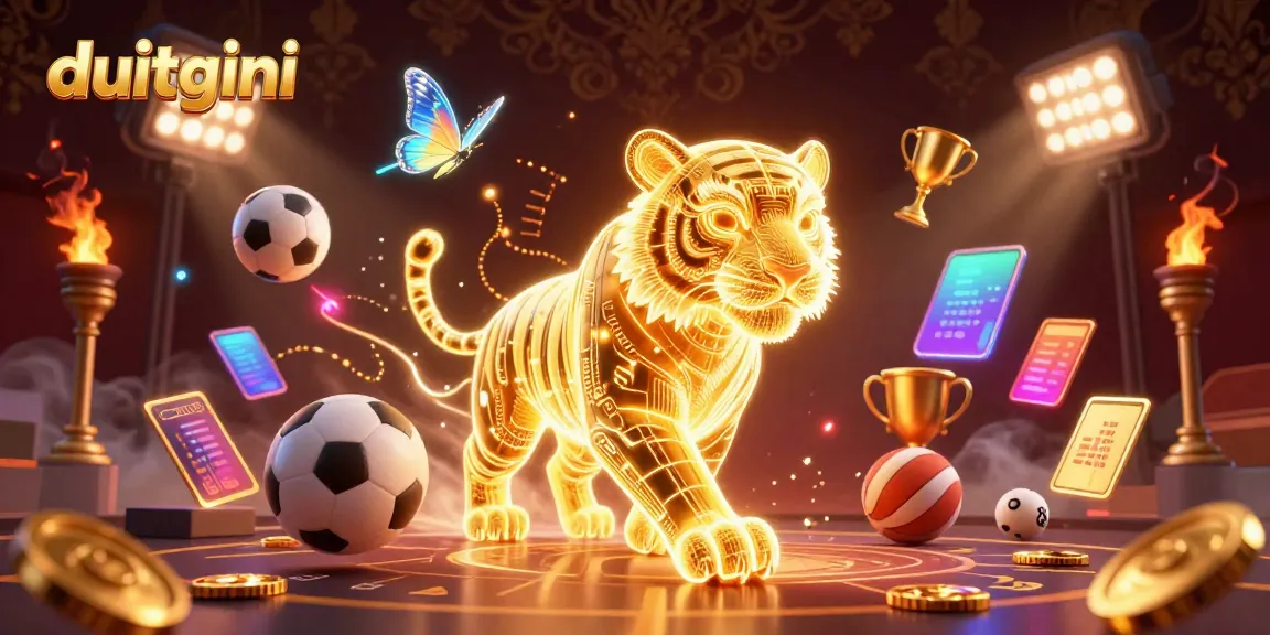 Duitgini features a golden tiger in a digital casino landscape, illustrating vibrant gaming energies and sports elements.