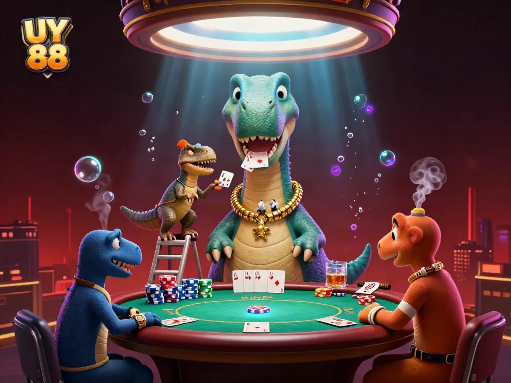 Engage in thrilling gameplay with UY 88 in a vibrant casino scene featuring a brontosaurus and raptor dealers.