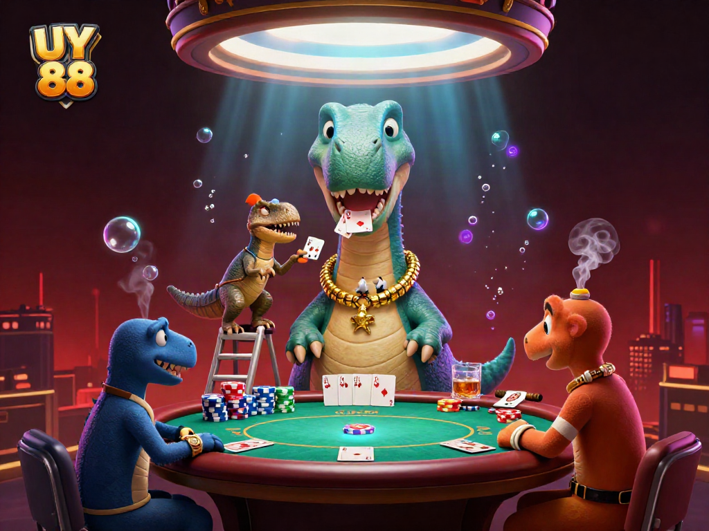 Engage in thrilling gameplay with UY 88 in a vibrant casino scene featuring a brontosaurus and raptor dealers.