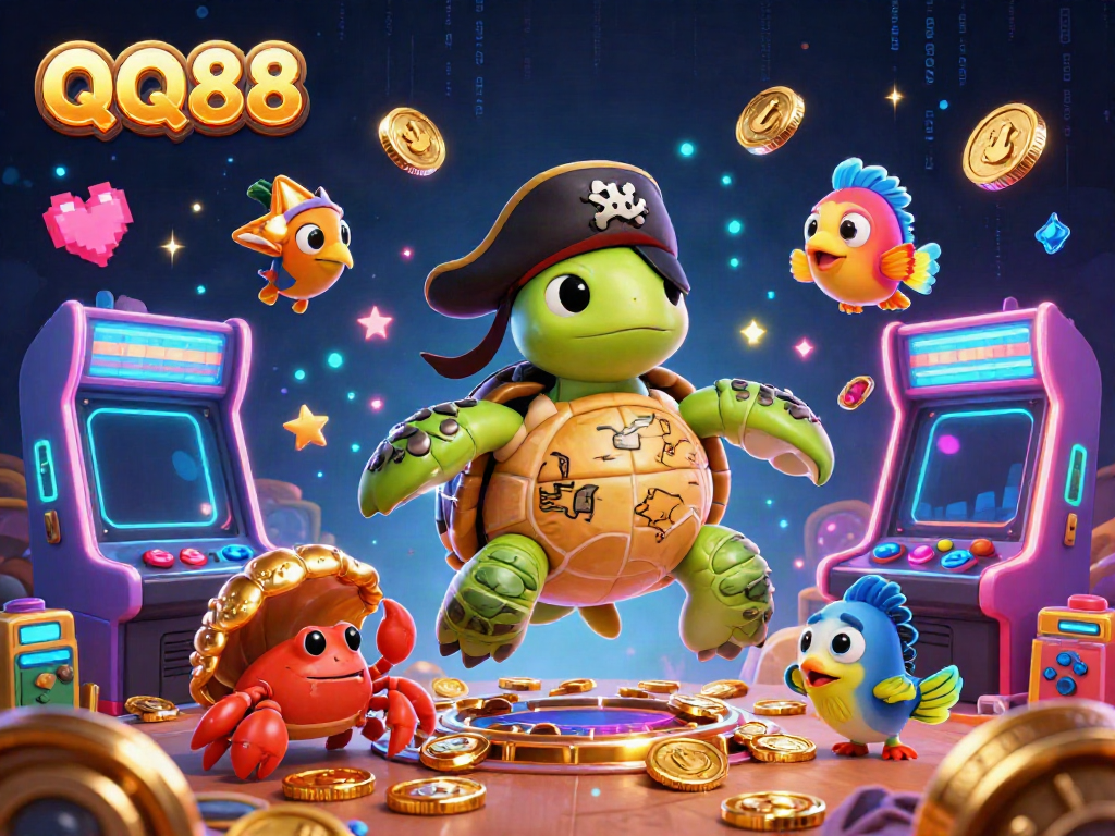Experience thrilling gaming action at QQ88 with a pirate turtle, hermit crab, and parrotfish amidst colorful slot machines and treasure.