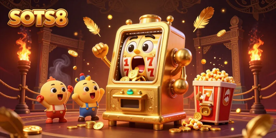 SLOTS8 interactive scene with a golden slot machine winning a jackpot and baby slot machines cheering.