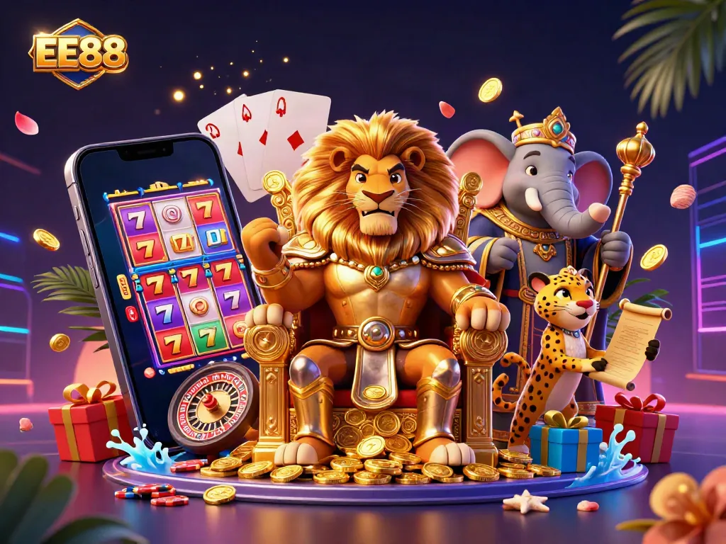 Experience thrilling games at EE88 with a lion king on a golden throne surrounded by casino elements.