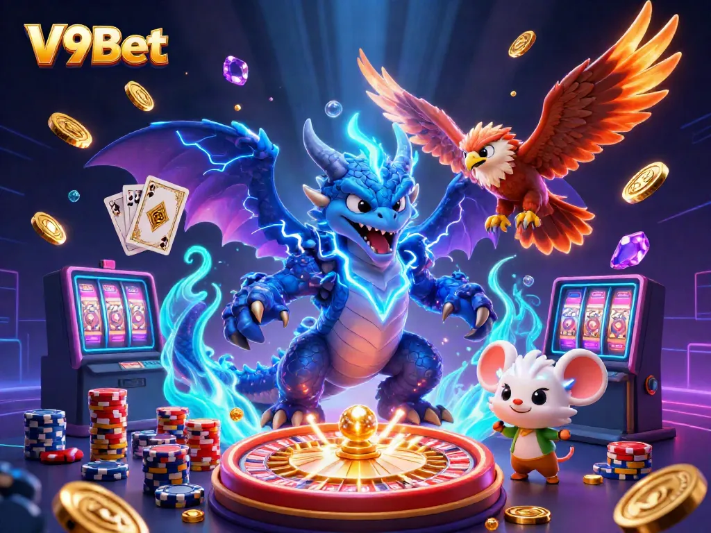 Experience thrilling gameplay at V9Bet with dynamic characters amidst casino favorites like roulette and poker.