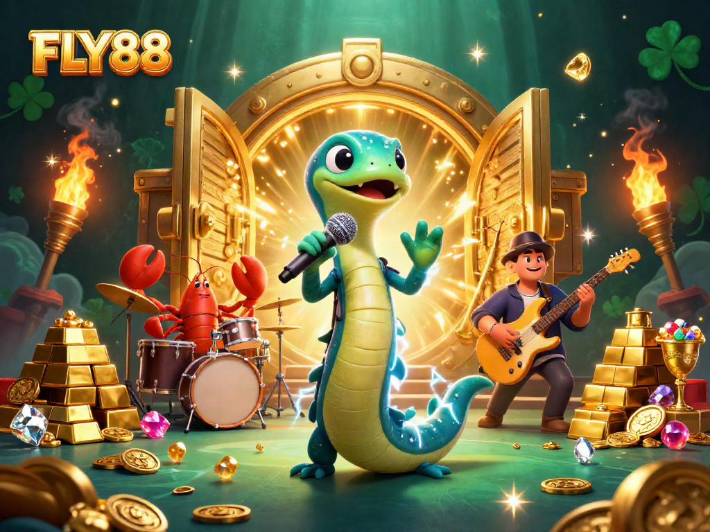 FLY88's electric eel DJ performing live on an underwater casino stage surrounded by treasures