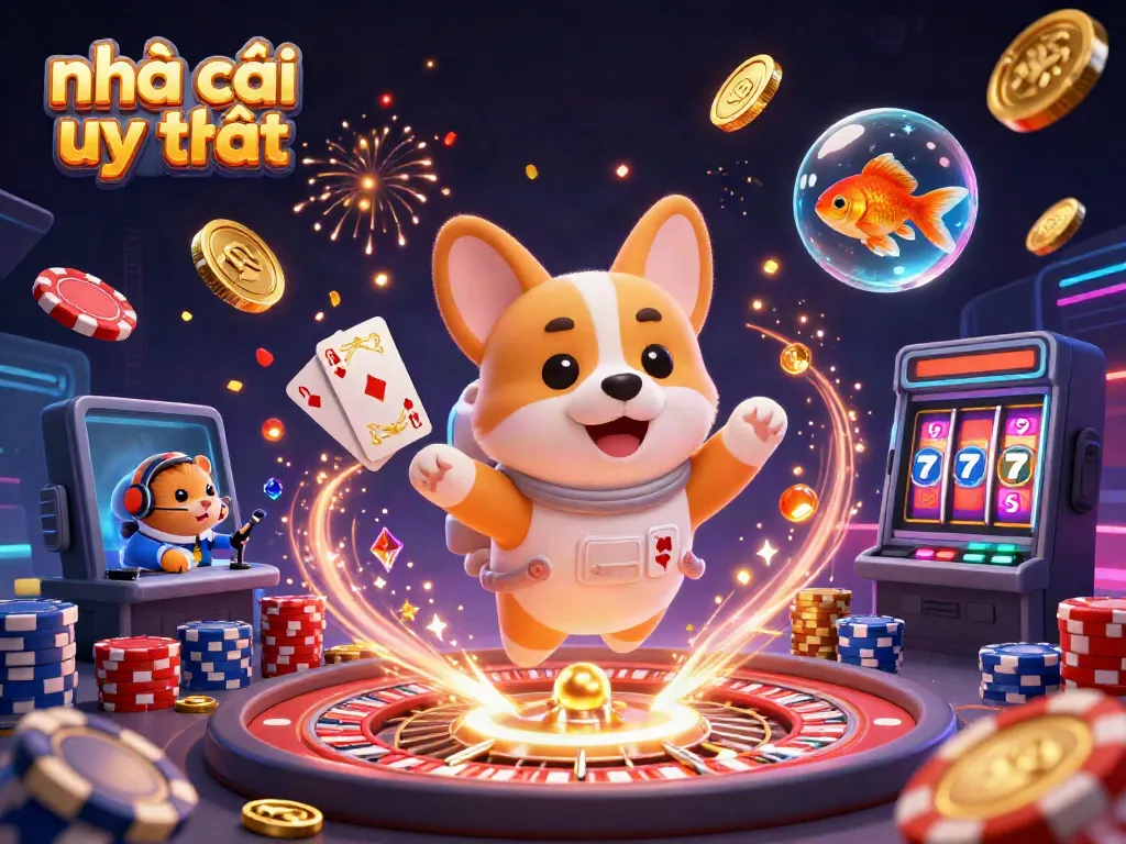 Experience dynamic gaming with this illustration featuring nhà cái uy tín, showcasing a floating space casino.