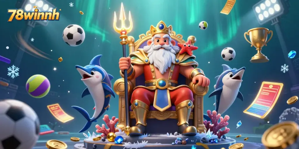 Experience thrilling wins with 78winnh in this vibrant casino-themed scene featuring sea king Neptune and dynamic sports elements.