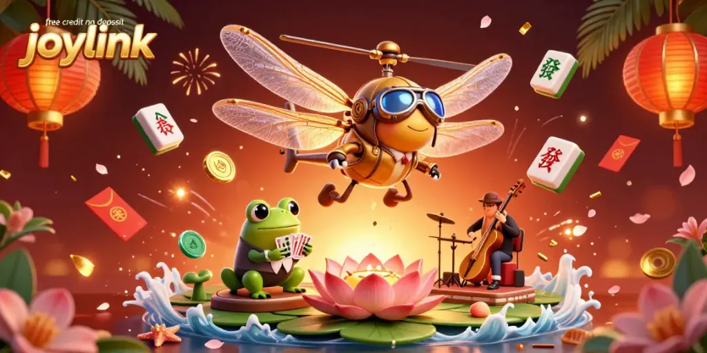 The dynamic casino scene showcases free credit no deposit joylink with a helicopter pilot, croupier, and jazz musicians, emphasizing excitement and fun.