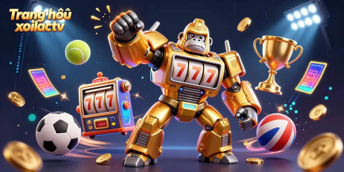 Engage with the dynamic sports betting world on Trang chủ xoilactv featuring a golden gorilla mech and sports elements.