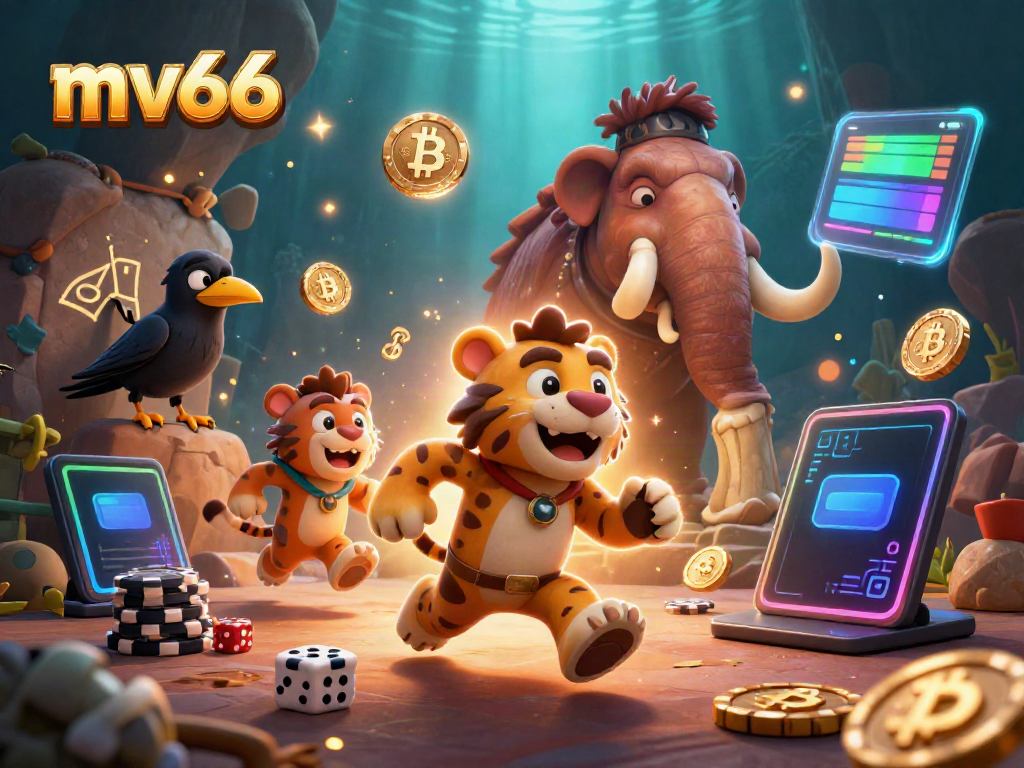 Experience the excitement of mv66 with prehistoric casino elements and crypto visuals in a vibrant scene.
