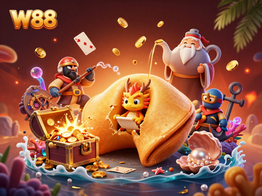 Win big with W88 while enjoying a vibrant 3D illustration of a golden fortune cookie adventure.