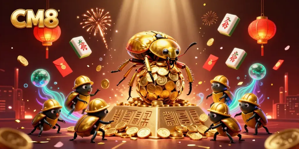 Experience the excitement of CM8 with a cartoon scene featuring a golden beetle rolling coins amidst vibrant casino elements.