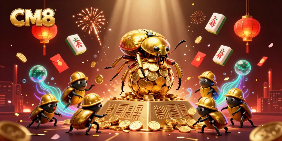 Experience the excitement of CM8 with a cartoon scene featuring a golden beetle rolling coins amidst vibrant casino elements.