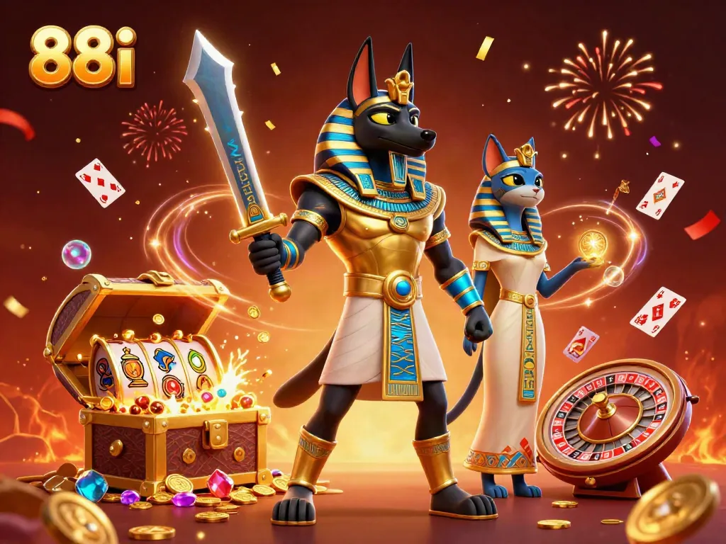Experience thrilling gameplay at 88i with Anubis and Bastet amidst a vibrant casino scene.