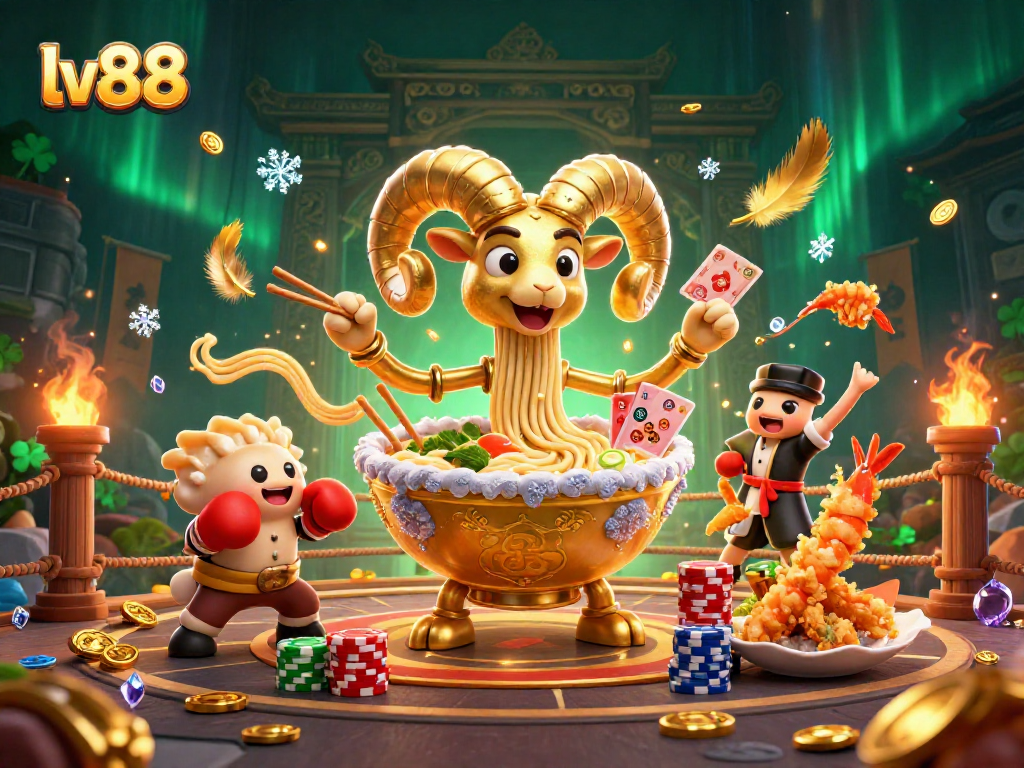 Win big at lv88 with a vibrant 3D casino scene featuring a ramen bowl dealer, chips, and coins.