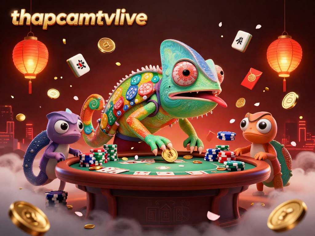Engaging 3D casino illustration featuring thapcamtvlive’s colorful chameleon owner and vibrant poker elements.
