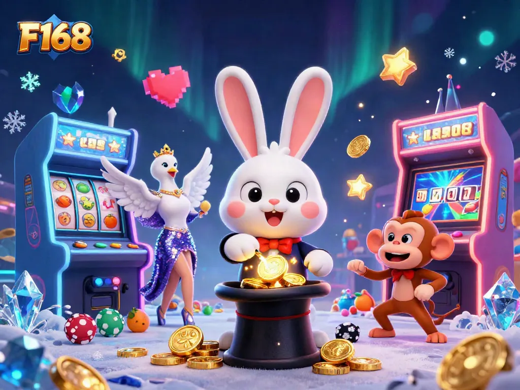 F168 gaming scene showcasing a magician rabbit, dove, and monkey amidst casino riches.