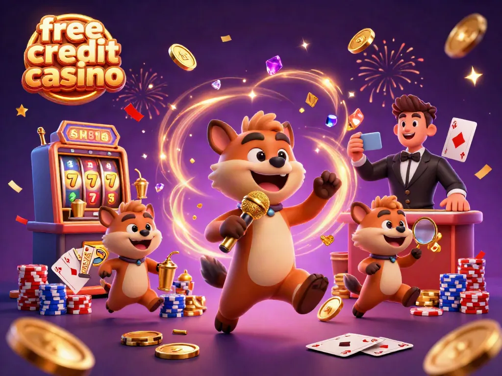 Experience excitement at a free credit casino with hyenas entertaining and celebrating wins in a vibrant setting.