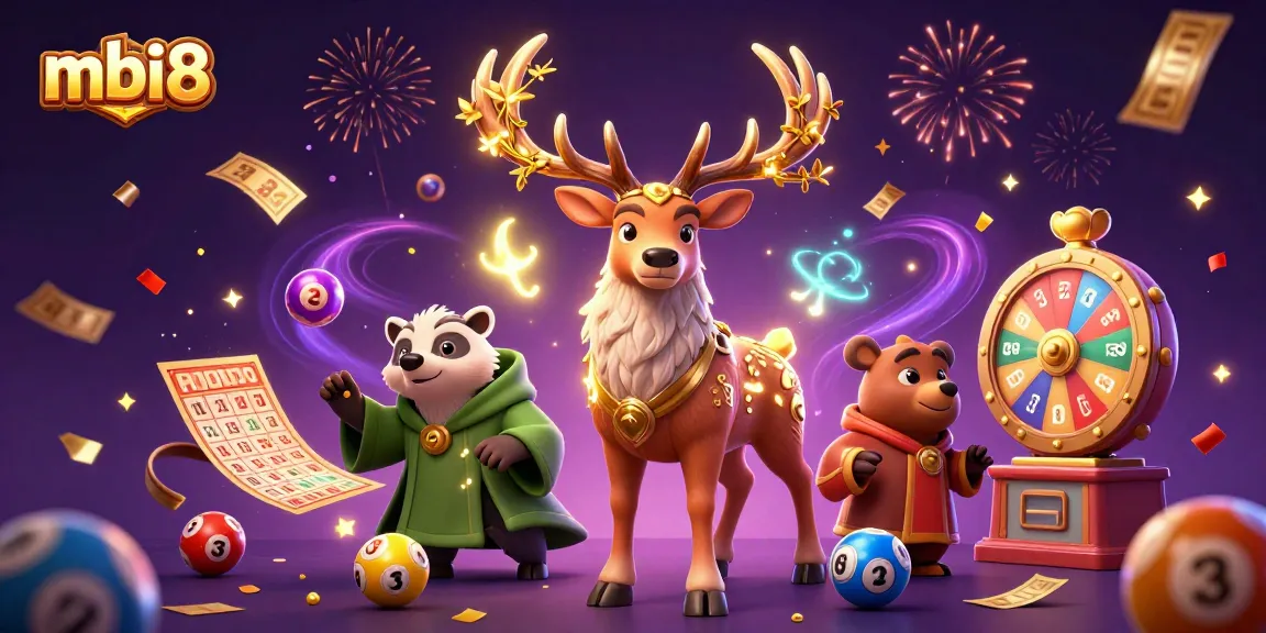 Engage with MBI8's vibrant gaming world featuring dynamic lottery elements and celebratory visuals.