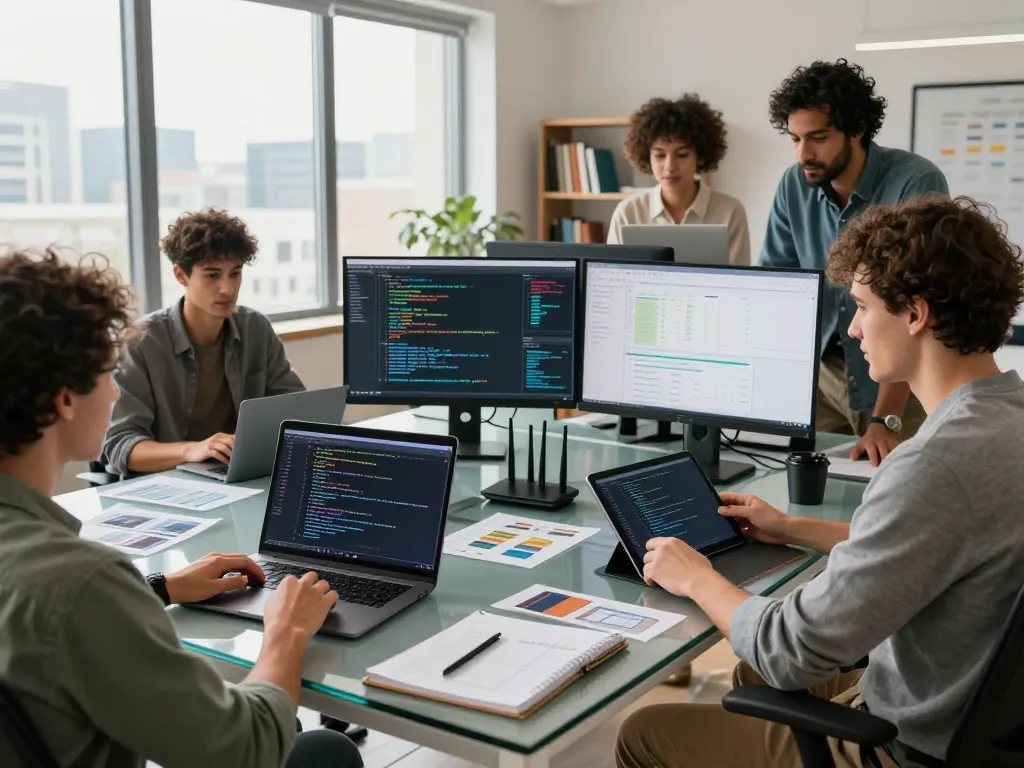 Diverse developers collaborating with Clawdbot AI in a modern tech workspace.