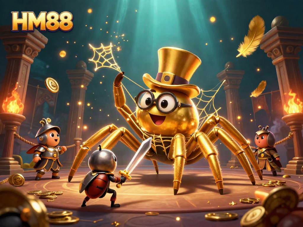 Immerse in the adventurous HM88 casino world with a golden tarantula, knight, and moths surrounded by gaming elements.