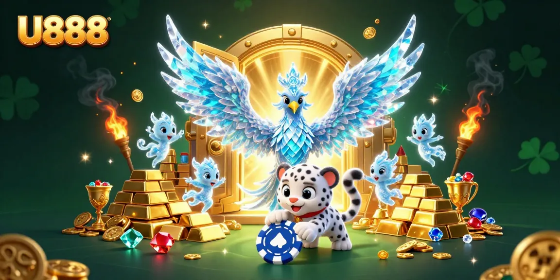 Engage with U888's dynamic gaming experience featuring an ice phoenix and treasures.