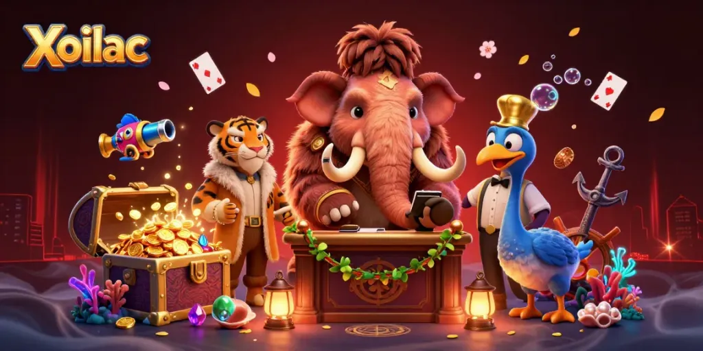 Xoilac captures an exciting casino atmosphere with vibrant characters and dynamic gaming elements.