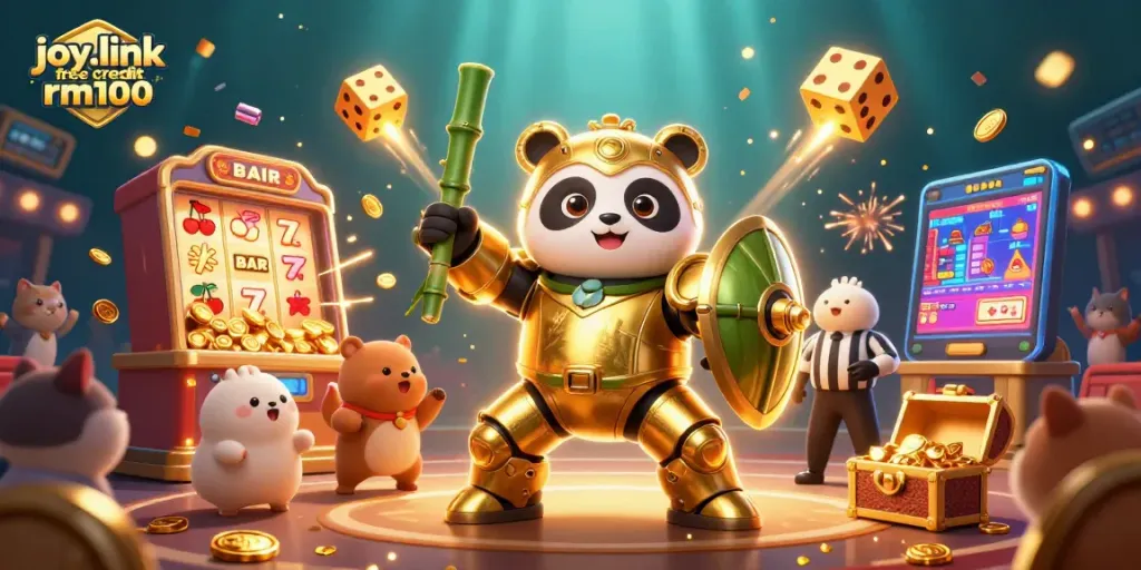 Experience thrilling wins with joy.link free credit rm100 as golden panda battles in a vibrant casino arena.