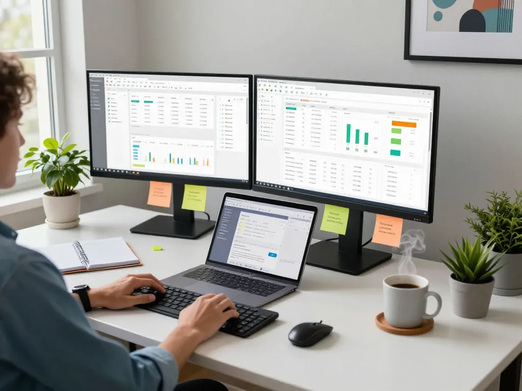 Modern home office showcasing tech gadgets for productivity, featuring multiple screens, planner, and inspiring decor.