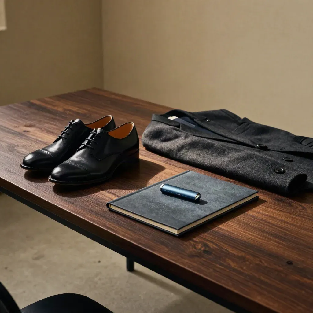 Set bengkel kemahiran dengan kasut, blazer, portfolio dan kliker di atas meja kayu.