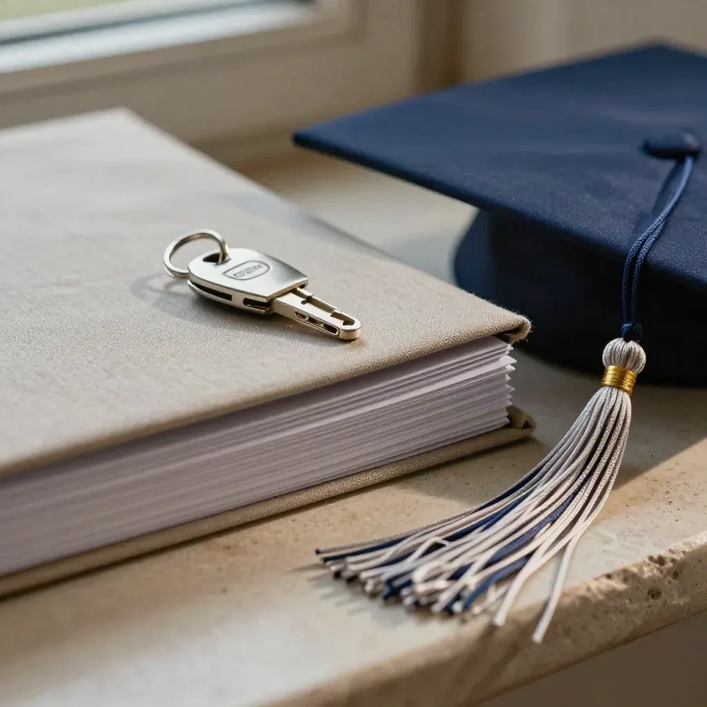 Folder kemas, kunci kampus dan mortarboard di ambang tingkap selepas hujan.