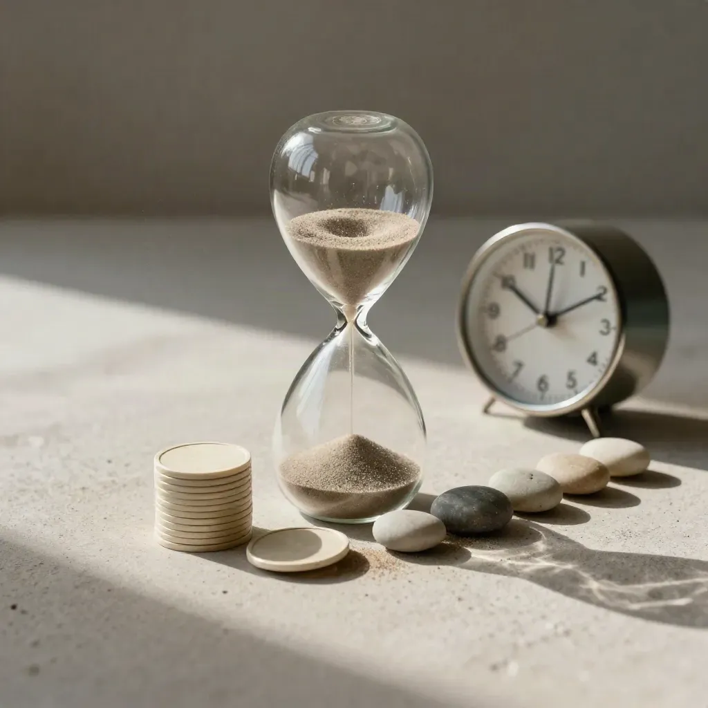 Jam pasir, token bertindan dan jam meja kecil di atas latar plaster lembut.
