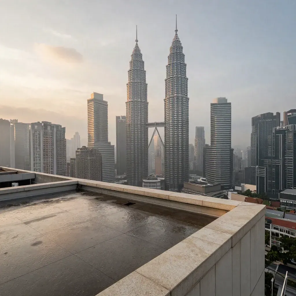 Kuala Lumpur berkabus selepas hujan, Menara Berkembar disimbah cahaya emas pagi.